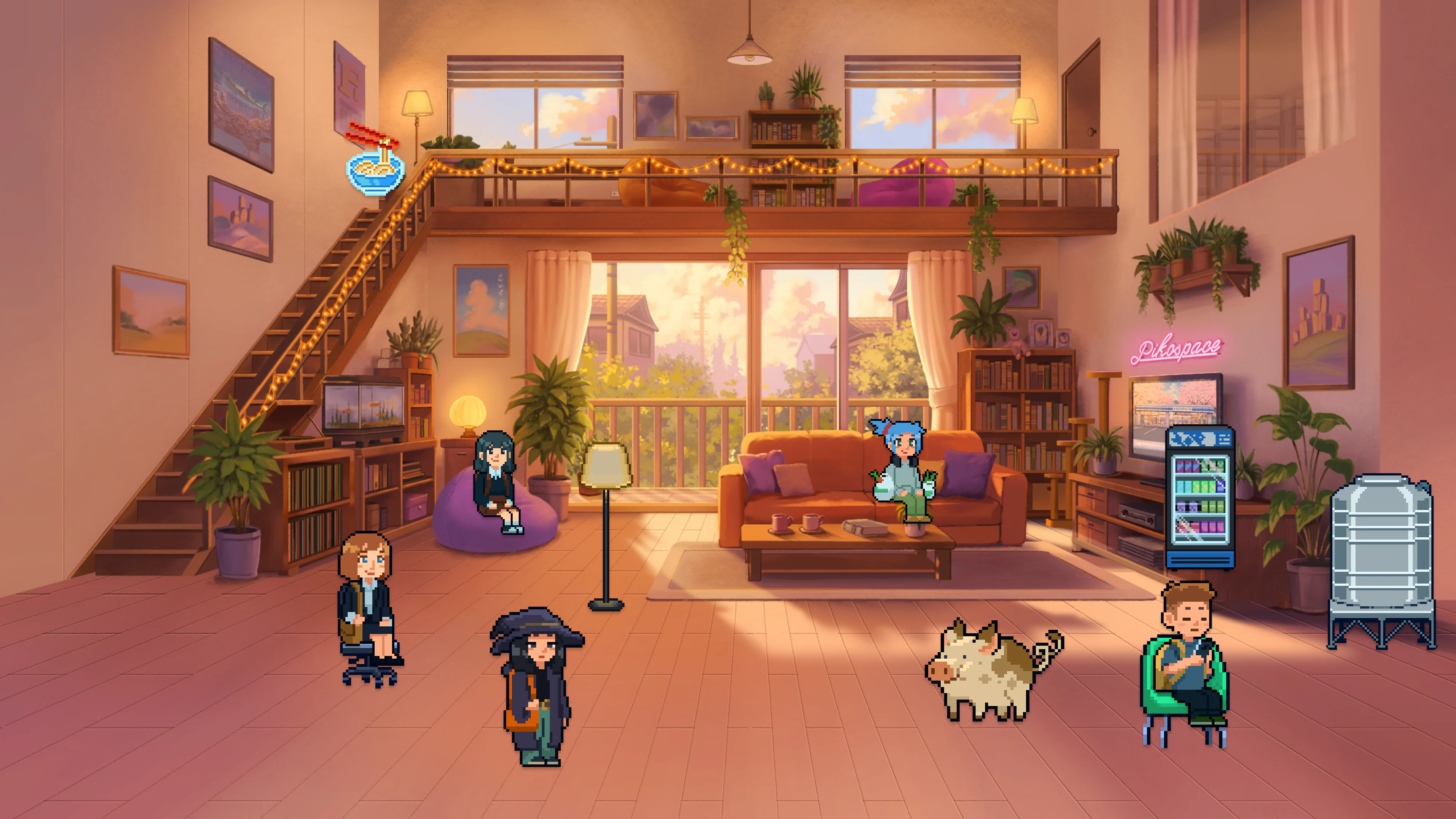 A personalized Pikospace room with collected furniture and companions