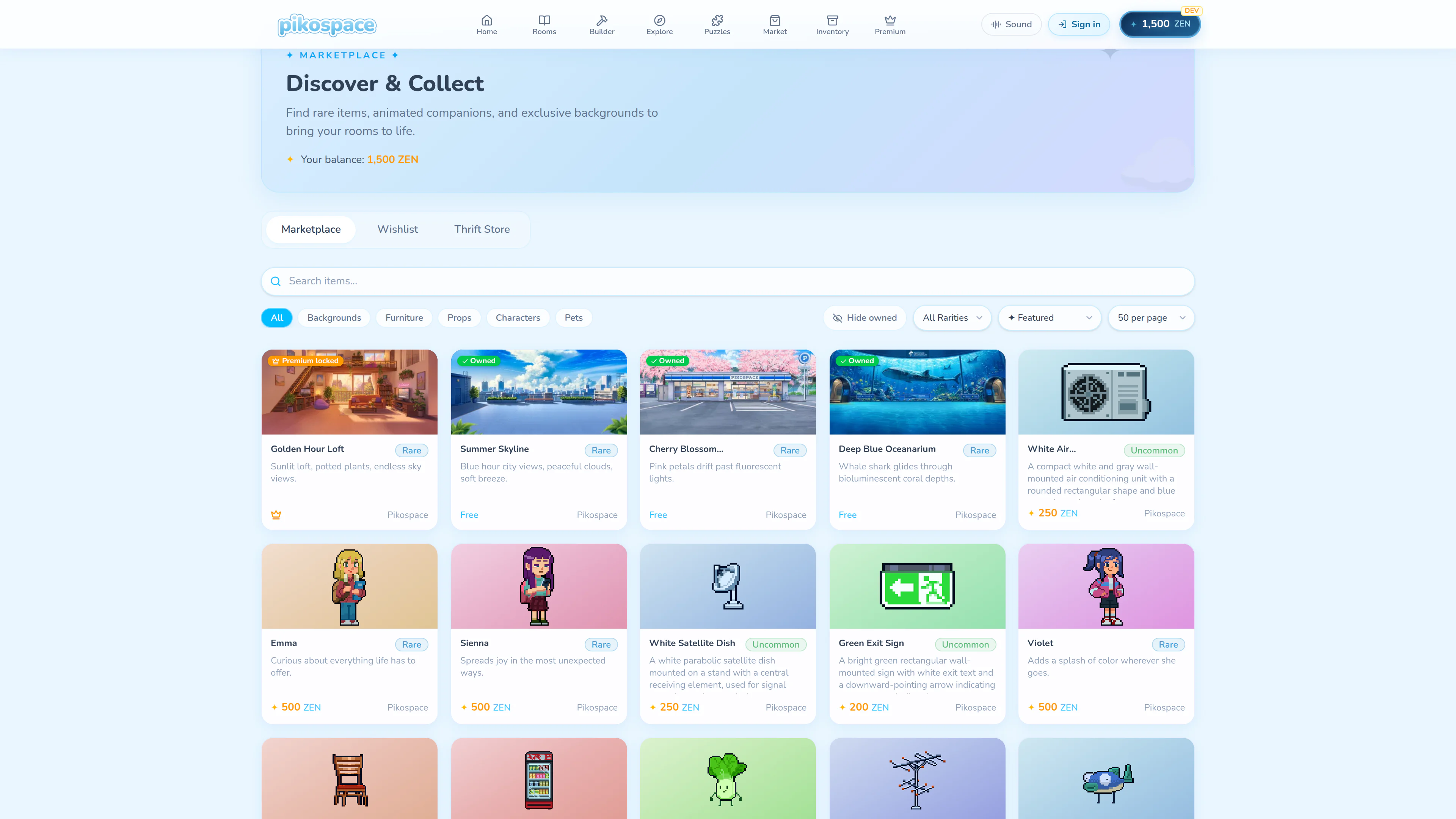 Pikospace Marketplace with pixel furniture, characters, pets, and ZEN prices