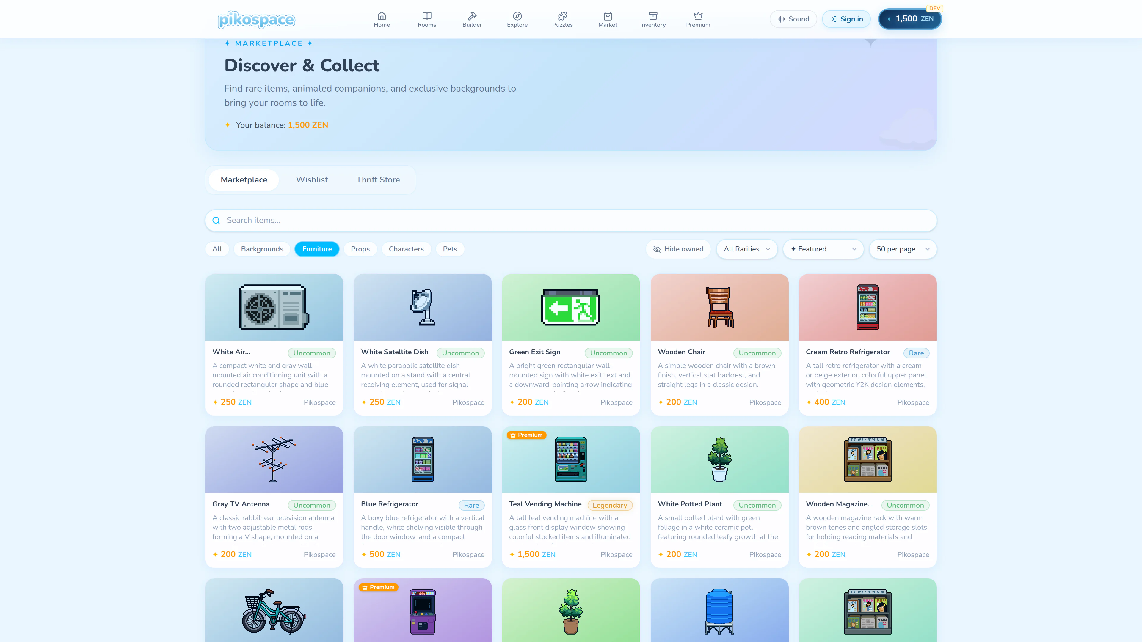Pixel furniture listings filtered in the Pikospace Marketplace