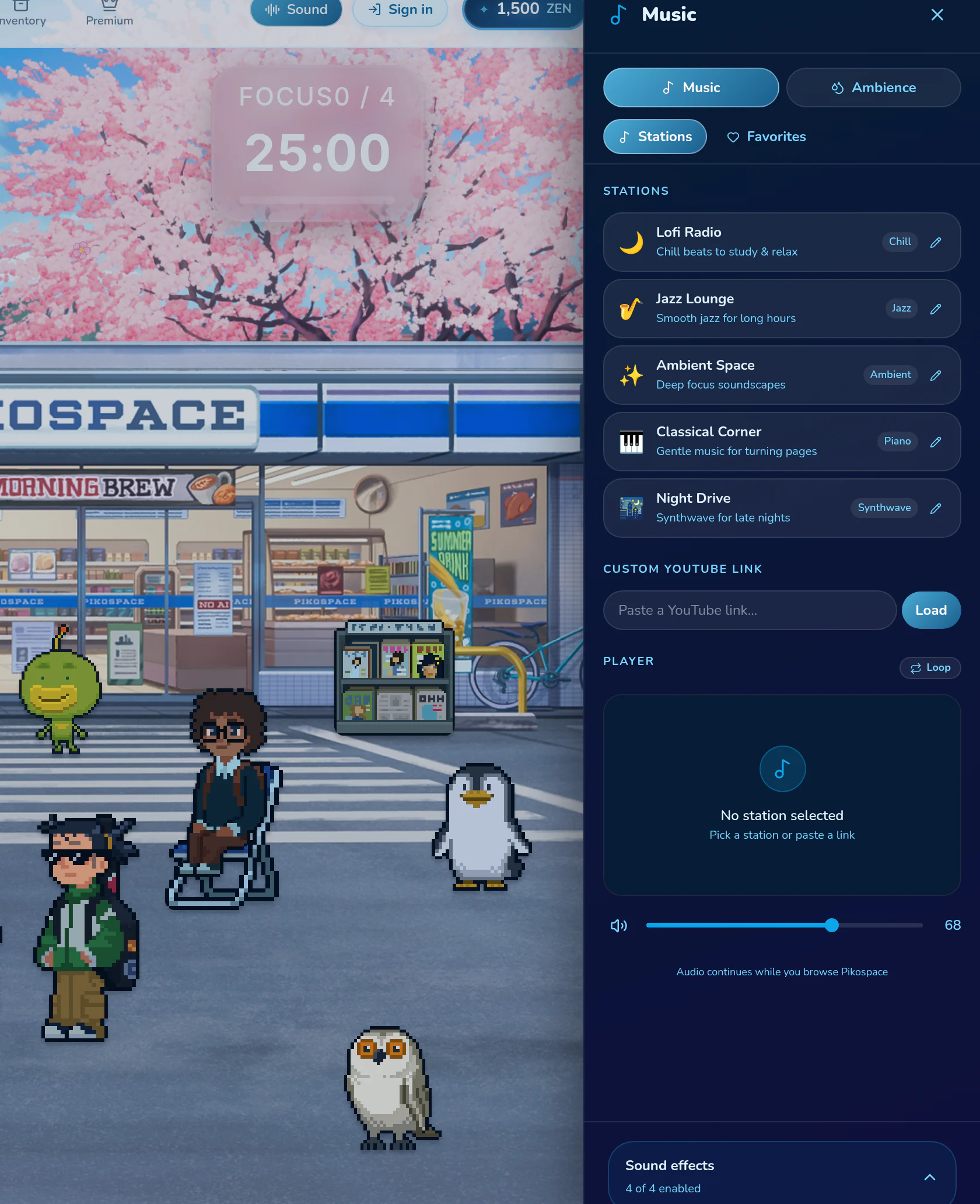 Lo-fi, jazz, ambient, and piano stations in Pikospace