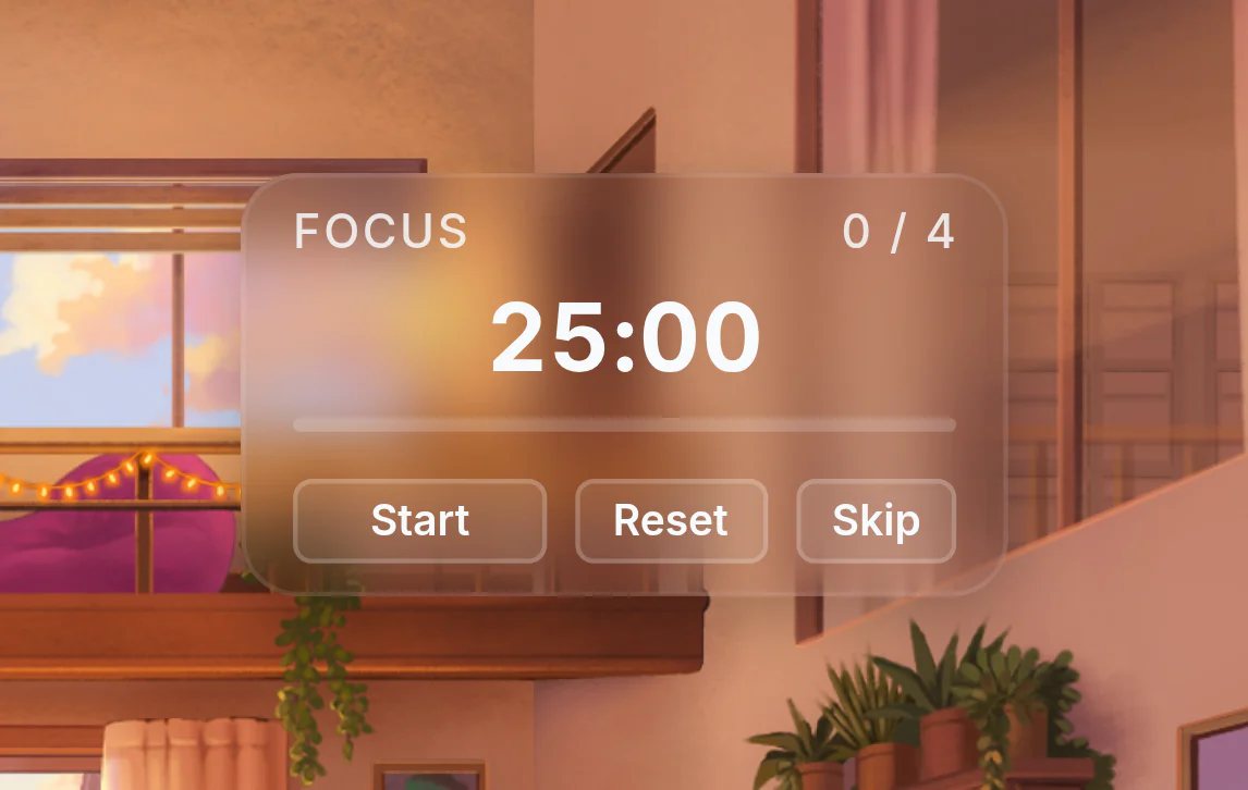 A Pomodoro timer and task list inside a Pikospace study room