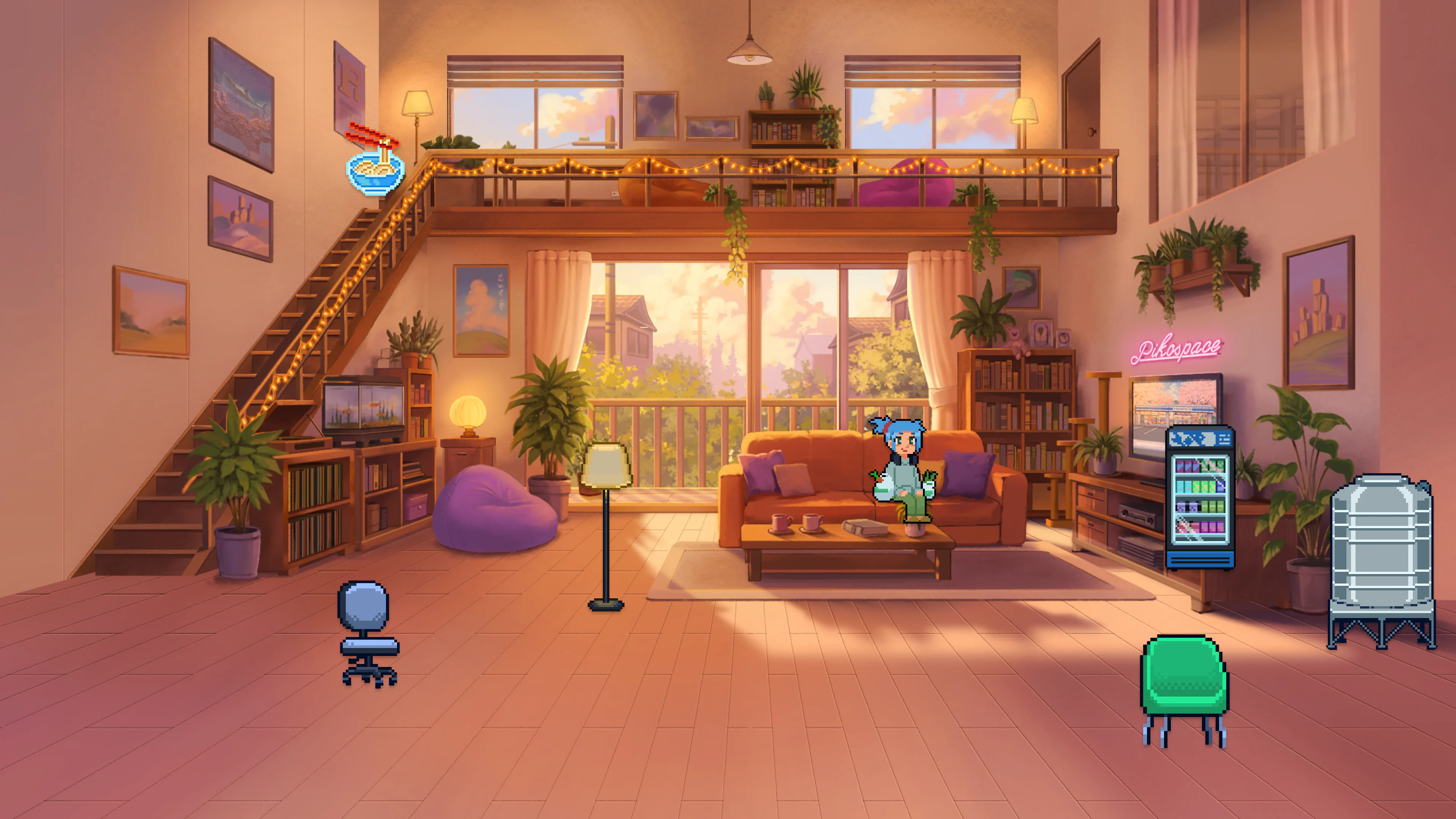 Pixel furniture being arranged in the Pikospace Room Builder
