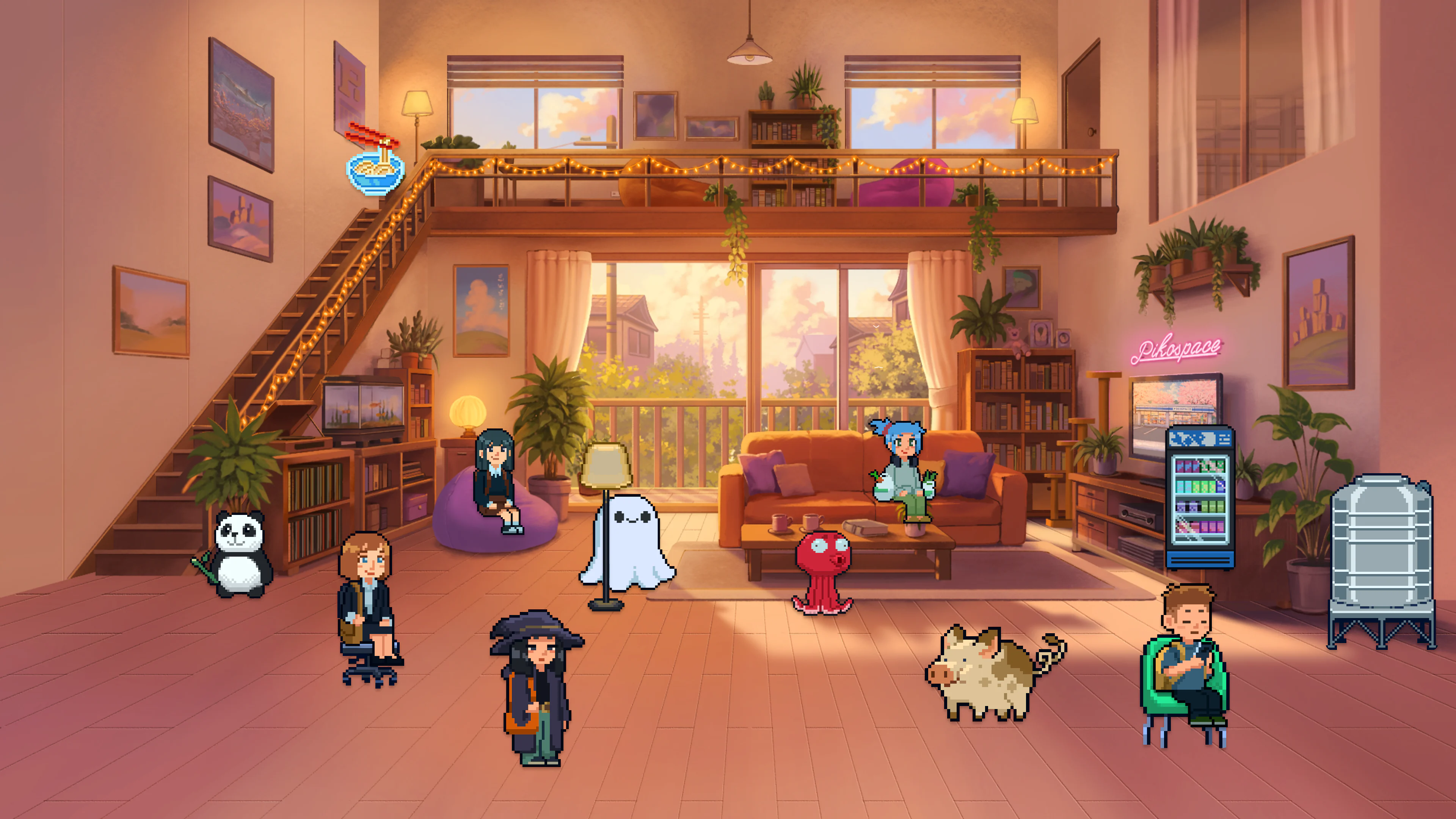 A decorated Pikospace room with characters and pets