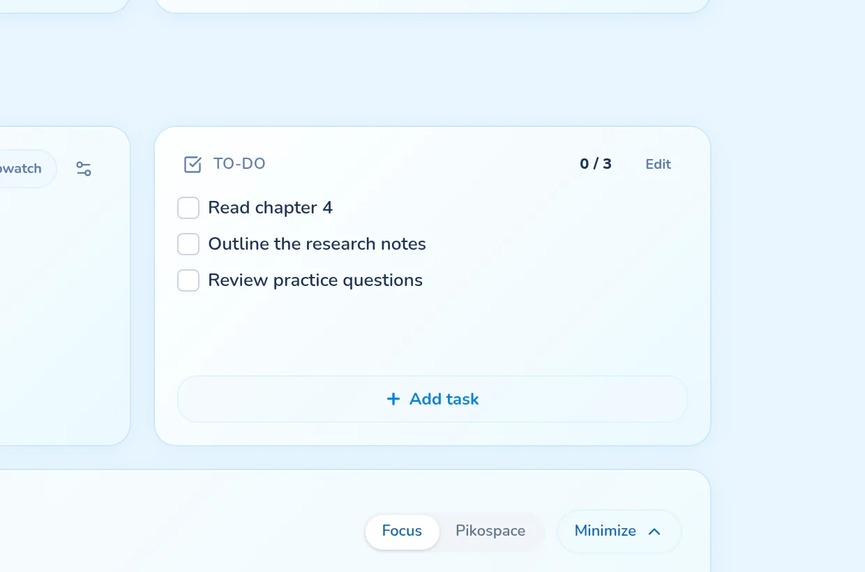 Study tasks created in the Pikospace to-do list