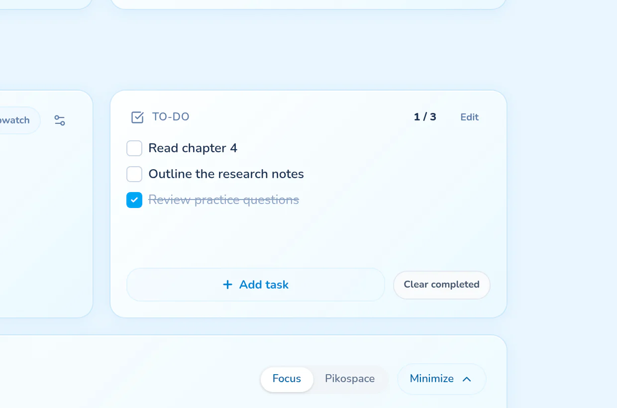 Reordered Pikospace tasks with completed work clearly marked