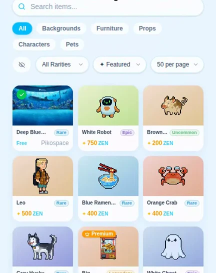 Pikospace Marketplace showing collectible decor, characters, pets, and ZEN prices