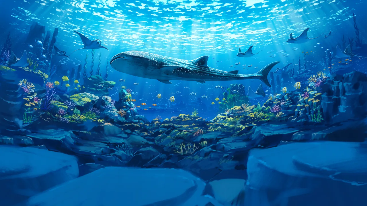 Pikospace oceanarium destination artwork with a whale shark