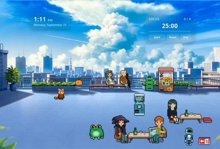 Pikospace summer skyline room with collected furniture, companions, and a Pomodoro timer